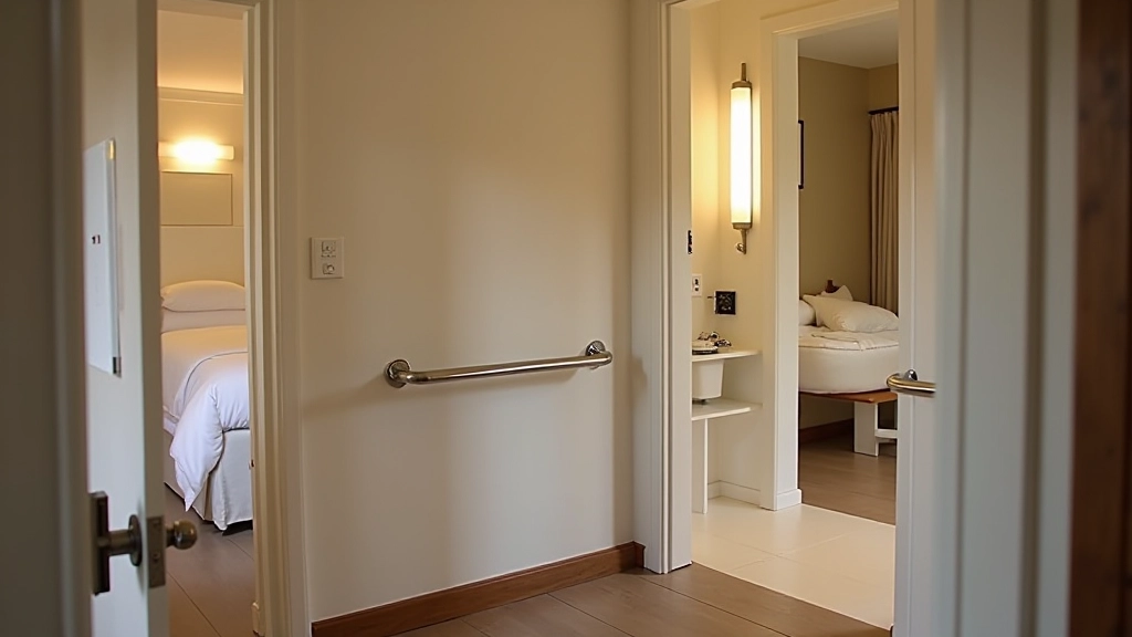 Detalle de habitación accesible con baño adaptado y espacios amplios