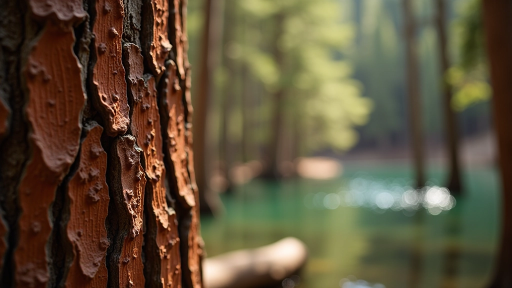 Detalle de corteza de árbol arrayán con tonos rojizos y textura natural, bosque de fondo desenfocado
