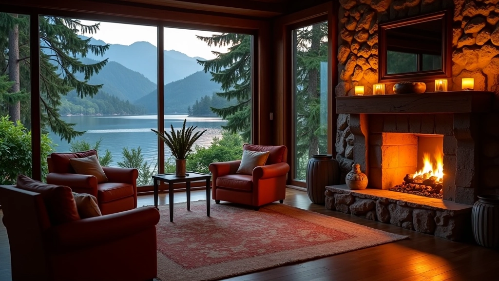 Interior acogedor de hotel boutique con chimenea, sillones confortables y vista al lago