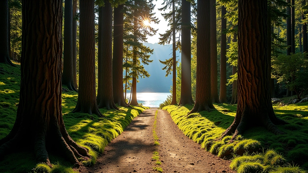 Sendero de tierra en bosque nativo con árboles de arrayanes a ambos lados, luz filtrada por dosel, vista hacia el lago en la distancia