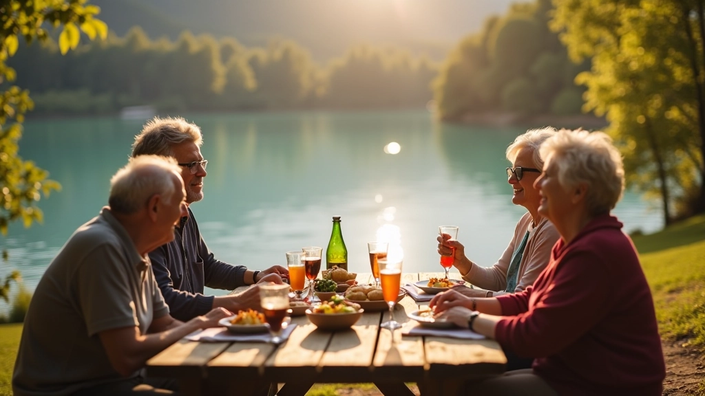 Grupo de personas adultas en pícnic junto al lago compartiendo momento de descanso y compañía