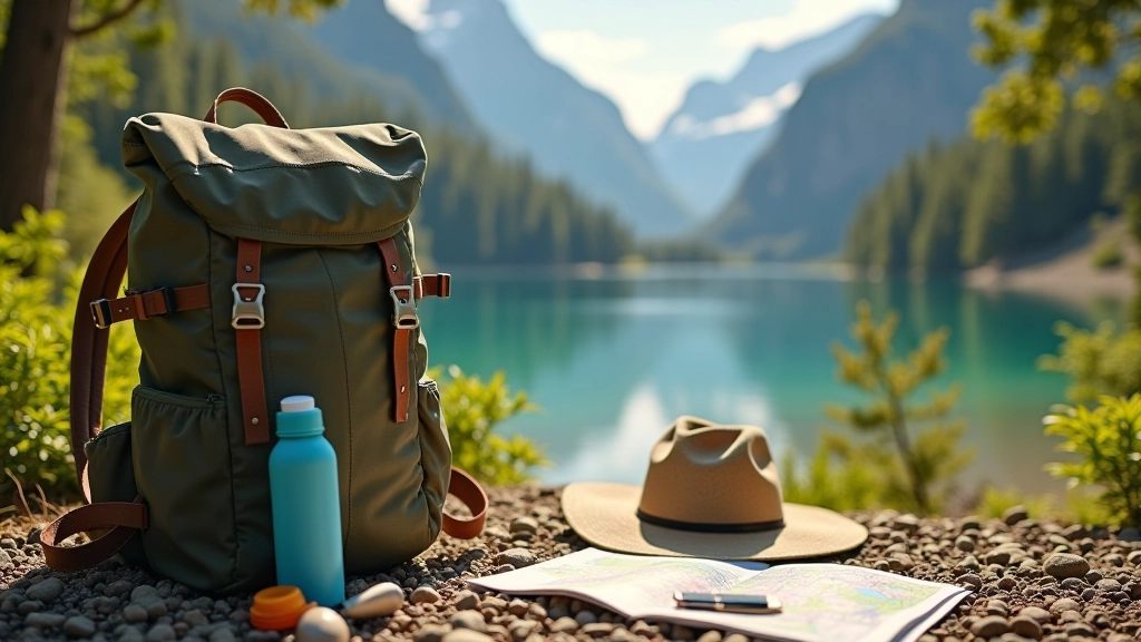 Mochila de senderismo abierta mostrando elementos esenciales como botellas de agua, protector solar, gorro y equipamiento de excursión sobre fondo natural