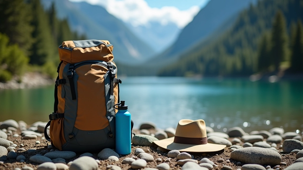 Mochila de senderismo con botellas de agua, sombrero y repelente sobre rocas junto al lago, naturaleza de fondo