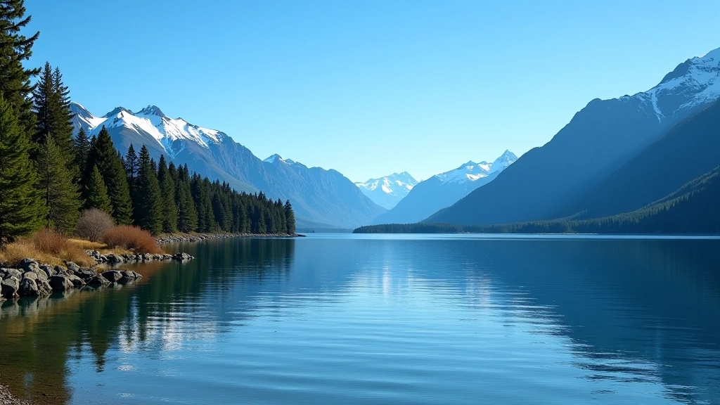 Lago Nahuel Huapi en día despejado con montañas nevadas de fondo, reflejo del cielo azul en el agua, bosque en la orilla