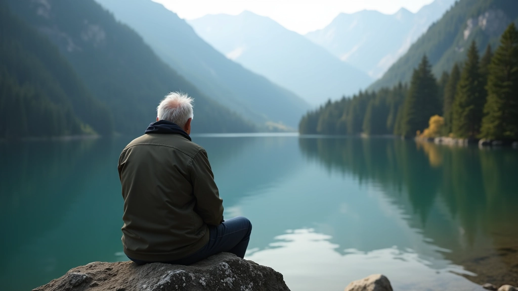 Persona sola sentada en una roca mirando el lago con montañas al fondo, expresión pacífica, luz suave de la mañana