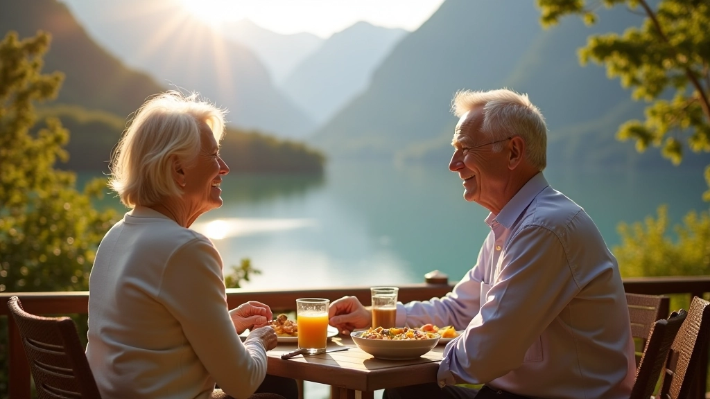 Pareja jubilada disfrutando del desayuno en la terraza del hospedaje con vista al lago