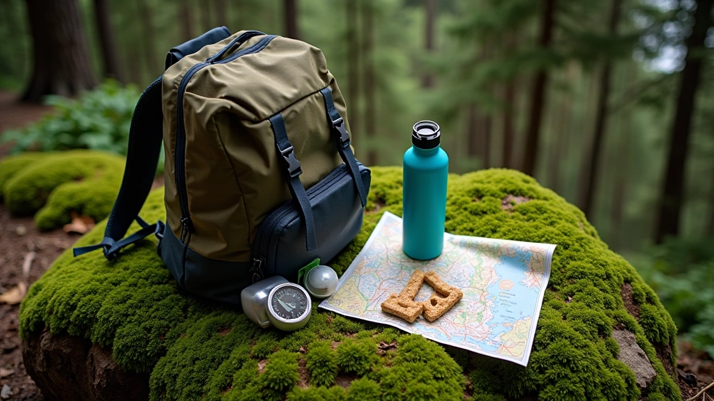 Mochila de senderismo abierta sobre musgo verde con cantimplora de agua, manzanas y un mapa de senderos, bosque borroso de fondo