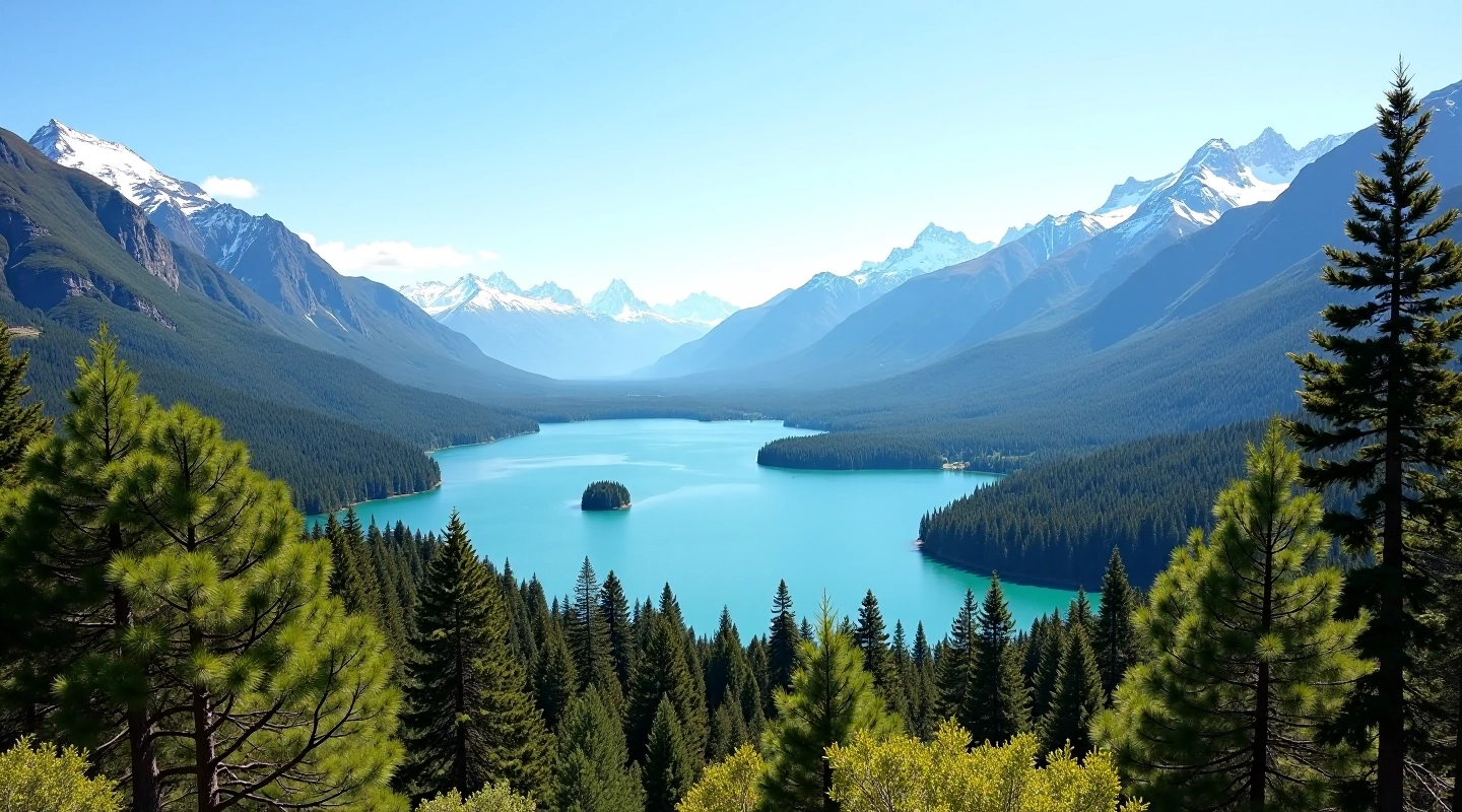 Vista panorámica del Lago Nahuel Huapi rodeado de bosque de arrayanes con montañas al fondo