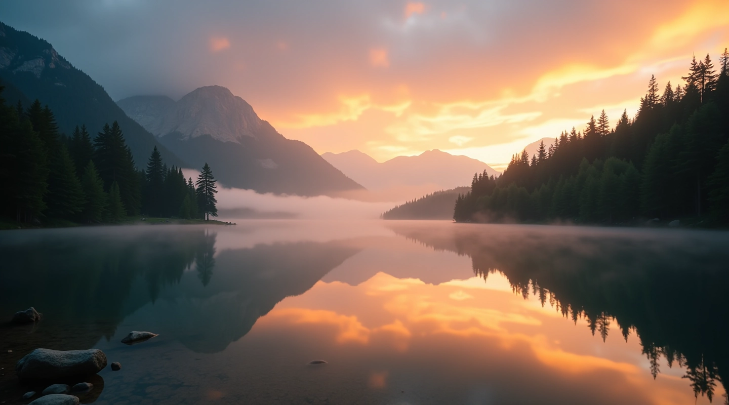 Vista panorámica del Bosque de Arrayanes al atardecer con reflejos en el Lago Nahuel Huapi