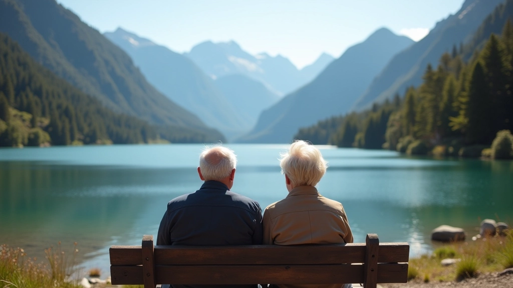 Pareja de jubilados descansando en un banco mirando hacia el lago rodeado de montañas y bosque verde